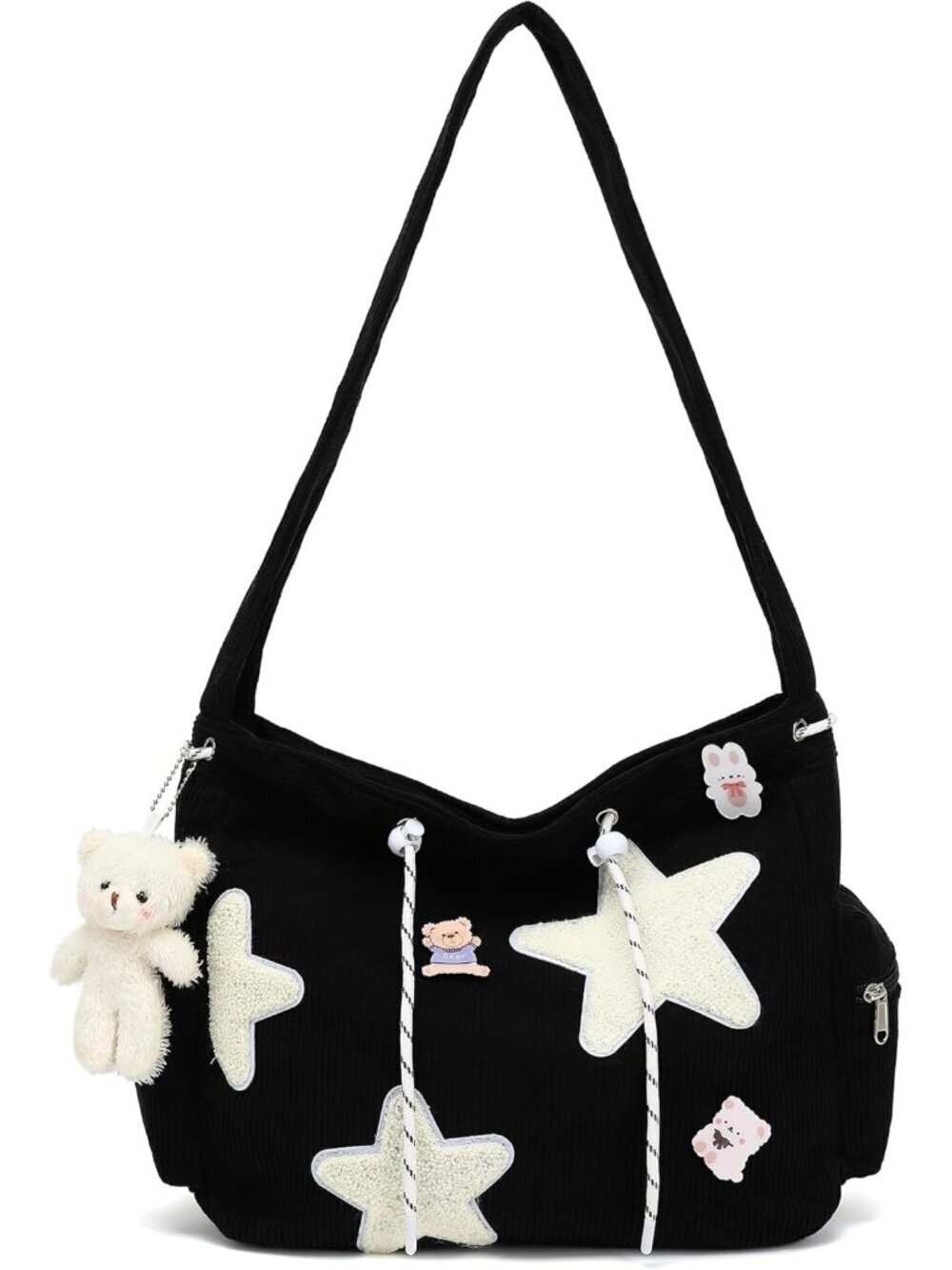 Women's Black Zipper Kawaii Corduroy Star Crossbody Shoulder Purse